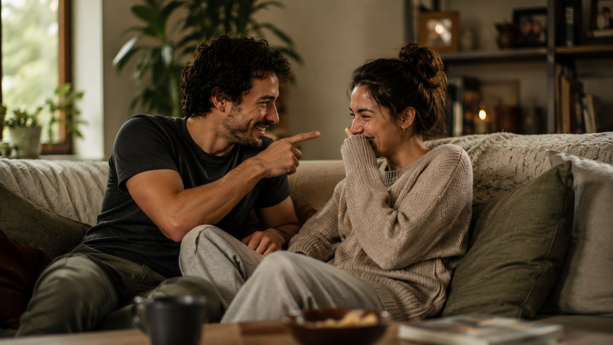 A man and woman sit on a couch, laughing together. The man points playfully at the woman, who covers her mouth, smiling. The cozy living room has plants and shelves in the background.