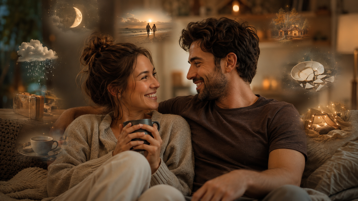 A smiling couple sits on a cozy couch, gazing at each other. Around them, dreamy, glowing images of travel, nature, and adventure float, symbolizing shared dreams and experiences. Warm, ambient lighting enhances the intimate scene.