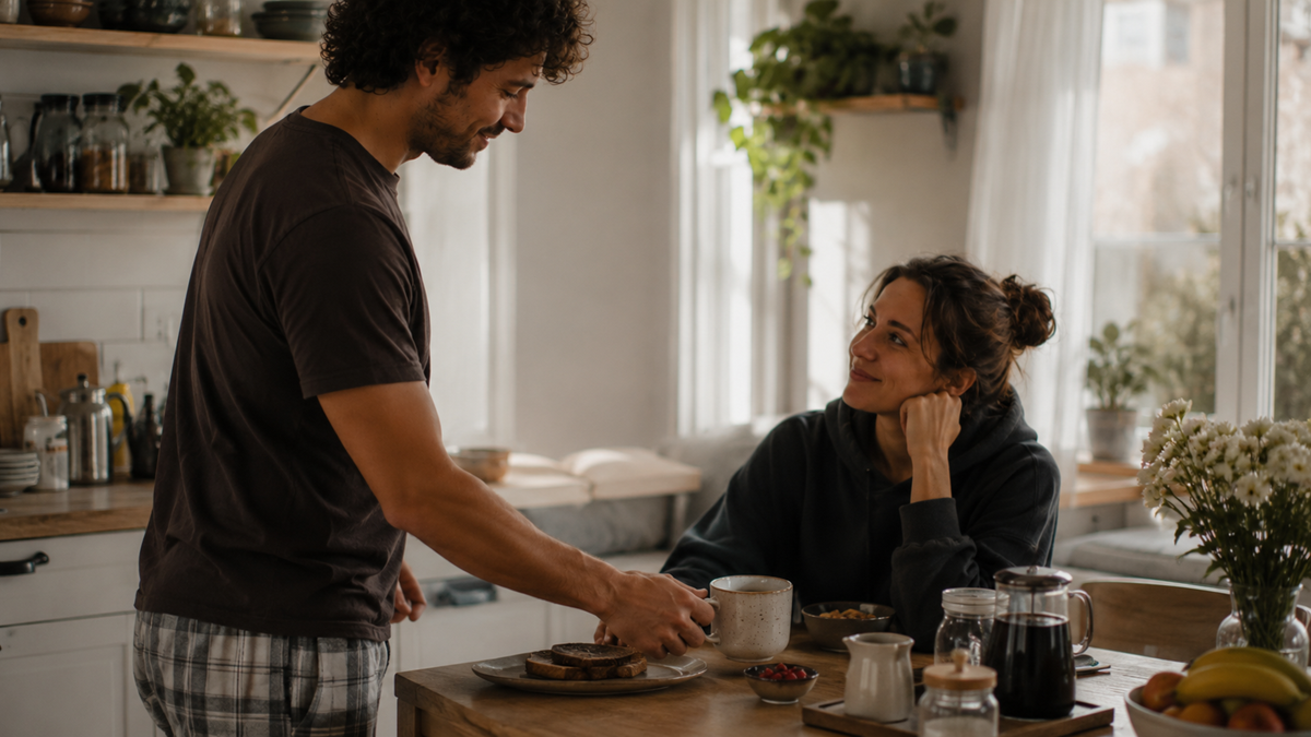 A man serves a mug and toast to a woman sitting at a kitchen table. She smiles up at him. The kitchen is bright with plants, dishes, and breakfast items visible.