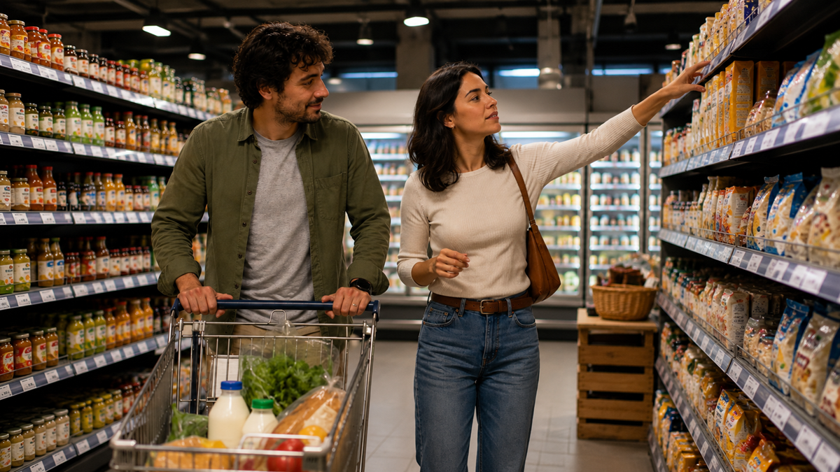 A man pushes a shopping cart filled with groceries while a woman reaches for a product on a supermarket shelf. Both appear to be shopping together in a brightly lit grocery store aisle.