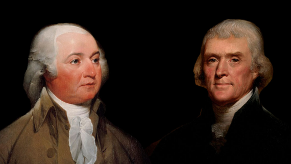 Two men in formal 18th-century attire with white neckcloths. One has white hair and a receding hairline; the other has lighter brown hair. Both are shown from the chest up against a dark background.