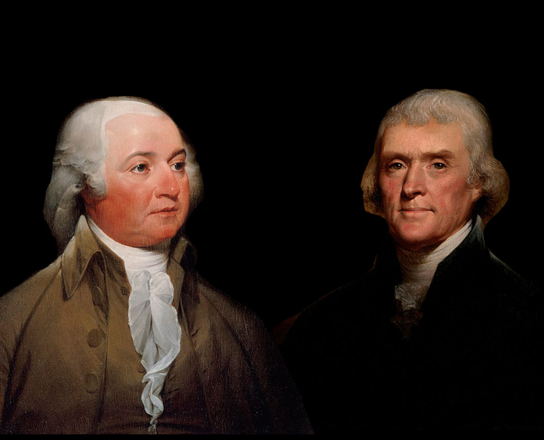 Two men in formal 18th-century attire with white neckcloths. One has white hair and a receding hairline; the other has lighter brown hair. Both are shown from the chest up against a dark background. coincidence
