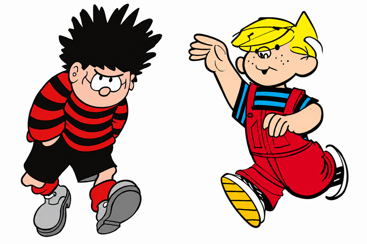Two cartoon boys: one with spiky black hair, red and black striped shirt, black shorts and frown; the other with blond hair, red overalls, blue striped shirt, smiling and waving.