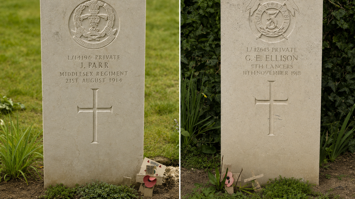 Two military gravestones with crosses, engraved with the names J. Parr and G. E. Ellison, stand side by side. Small memorial poppies and handwritten notes are placed at the base of each stone. Green grass and foliage surround them.