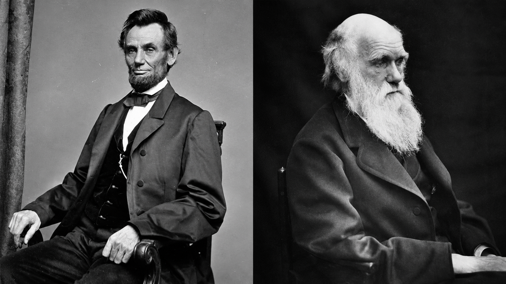 Two black-and-white portraits: on the left, a man with a beard in a suit sits facing forward; on the right, an older man with a long white beard sits in profile, wearing a dark coat.