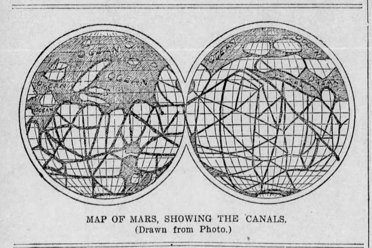A vintage map of Mars depicting two hemispheres with labeled regions and numerous intersecting lines representing the so-called canals, captioned “Map of Mars, showing the canals. (Drawn from Photo.)”