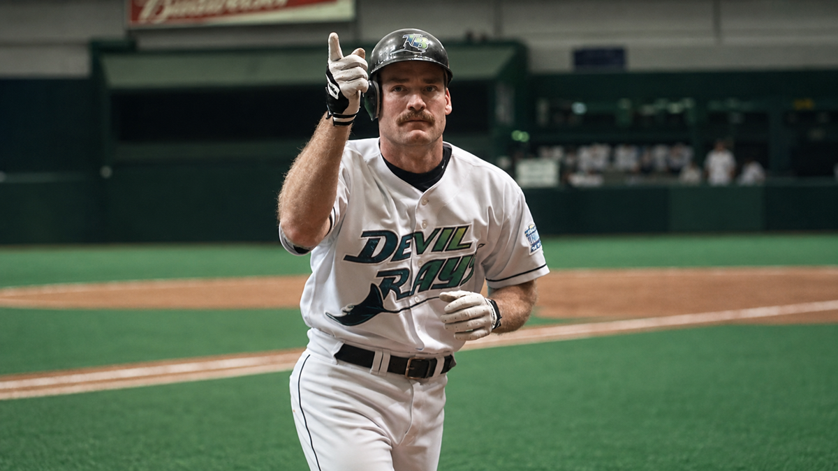 A baseball player in a white "Devil Rays" uniform points upward while standing on a baseball field. He is wearing a helmet and batting gloves, with a focused expression and a mustache, in an indoor stadium.