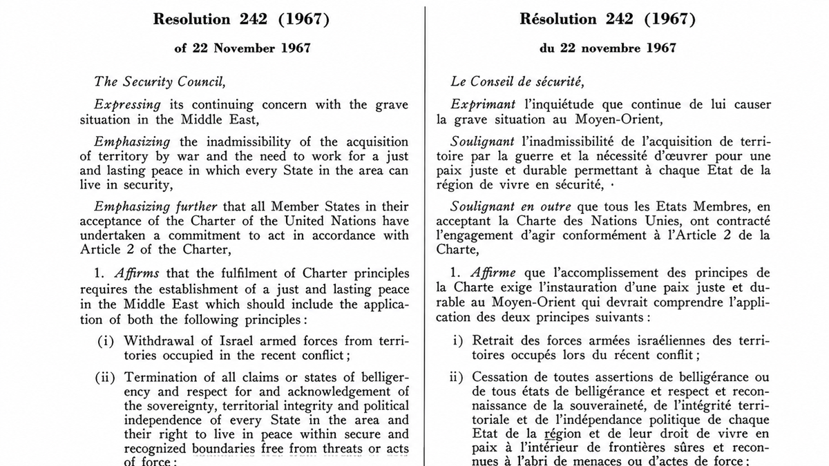 A scanned document showing Resolution 242 (1967) from the United Nations Security Council, with the text presented in parallel English and French columns.