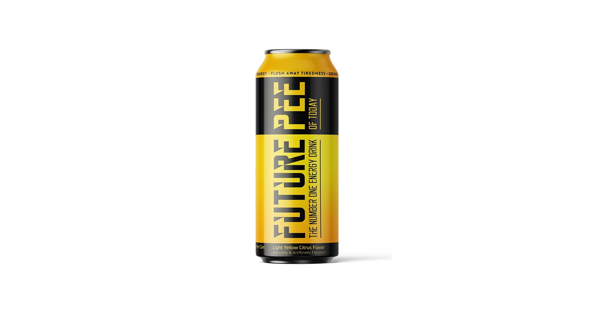 A tall yellow and black can labeled "Future Pee: The Number One Energy Drink" with a tagline "Light Yellow Citrus Flavor" on a white background.