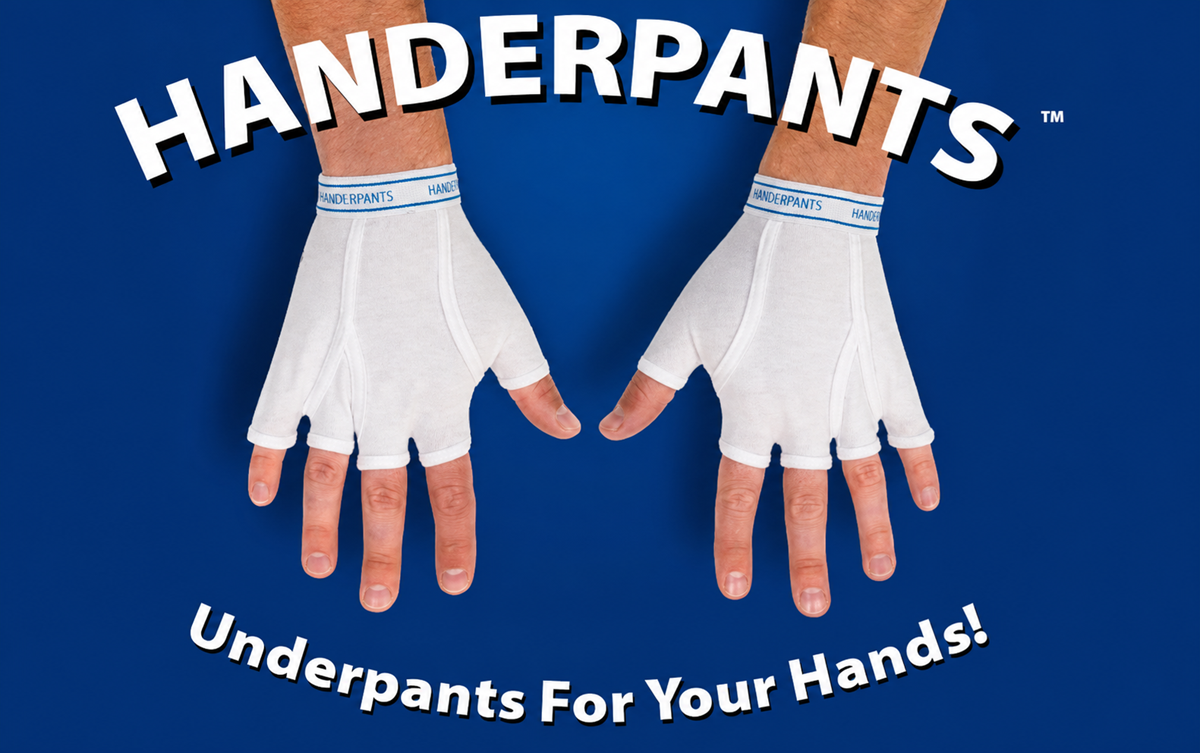 Two hands wear white, fingerless gloves designed to look like underwear against a blue background. Large text reads “HANDERPANTS,” with smaller text below: “Underpants For Your Hands!”