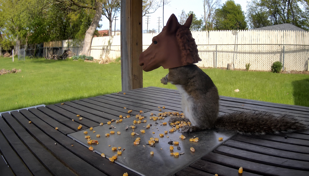 A squirrel wearing a brown horse mask stands on a wooden table outdoors, surrounded by scattered corn kernels, with a green lawn and wooden fence in the background.