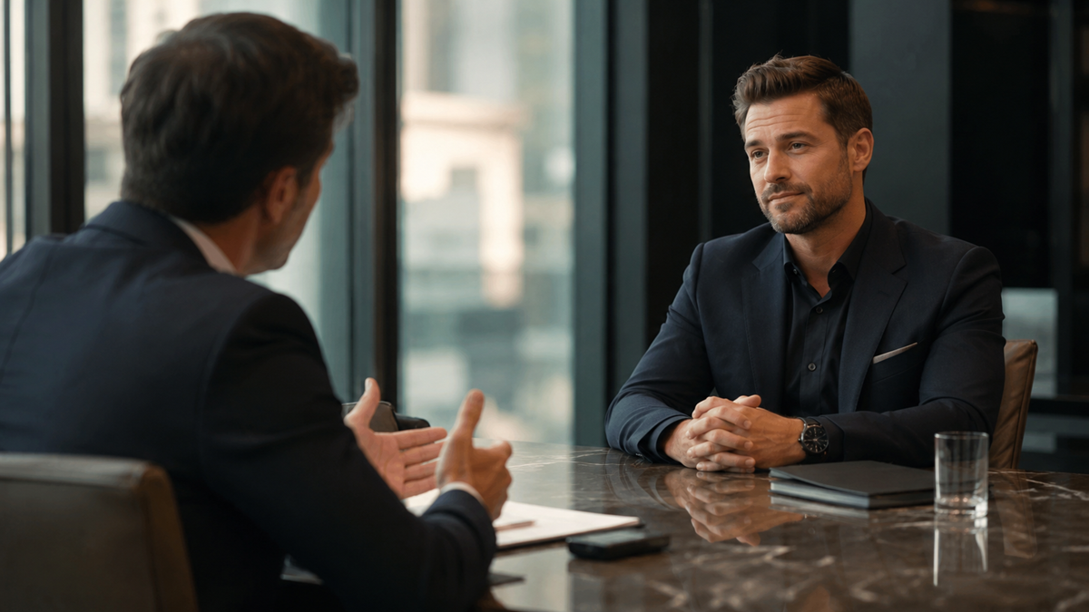 Two men in suits sit across from each other at a marble table in an office, engaged in a serious conversation. One gestures with his hands; the other listens attentively with hands clasped. Negotiation.
