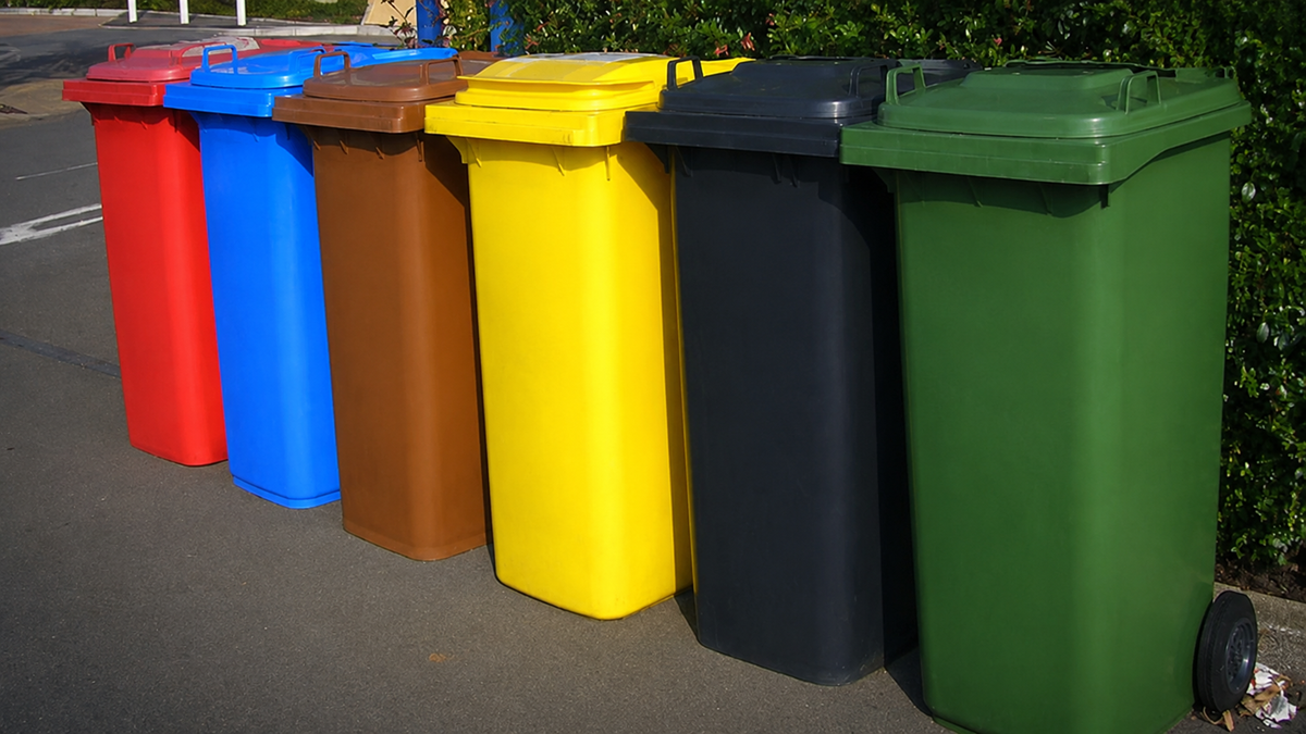 Six large outdoor trash bins with lids, each in a different color—red, blue, brown, yellow, black, and green—are lined up side by side on a paved surface next to a hedge.