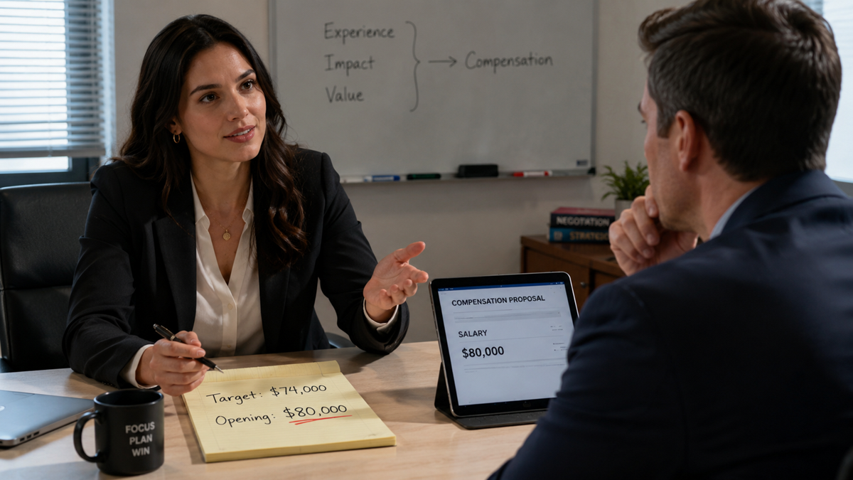 Two professionals discuss salary at a desk. The woman shows a notepad with “Target: $74,000” and “Opening: $80,000.” The man’s tablet displays “Compensation Proposal: Salary $60,000.” A whiteboard is in the background.