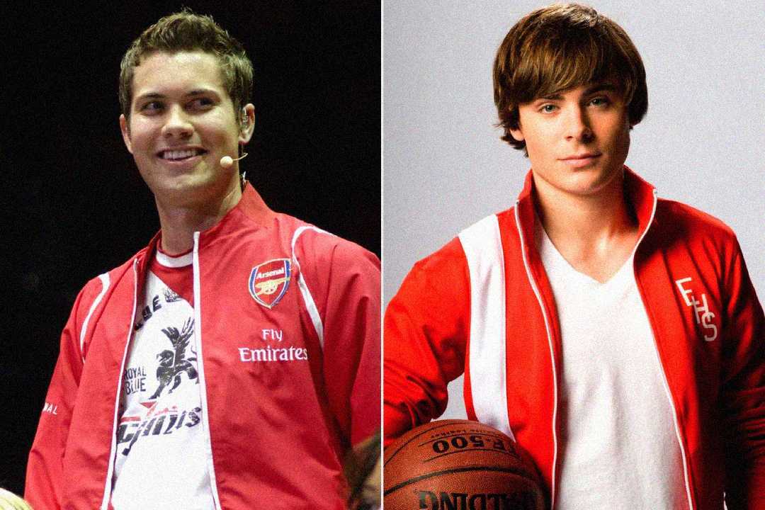Split image: On the left, a man in an Arsenal jacket with a microphone headset smiles. On the right, a young man in a red and white jacket holds a basketball and looks at the camera.