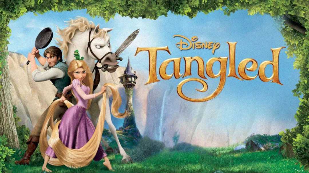 Animated movie poster for Disney’s "Tangled" featuring Rapunzel holding her long golden hair, Flynn Rider with a frying pan, and a white horse with a sword, with a tower and forest background.