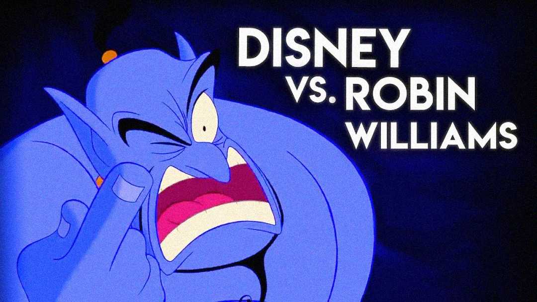 The animated blue Genie from Disney's "Aladdin" looks angry while raising his hand. Bold text beside him reads "DISNEY VS. ROBIN WILLIAMS" against a dark blue background.