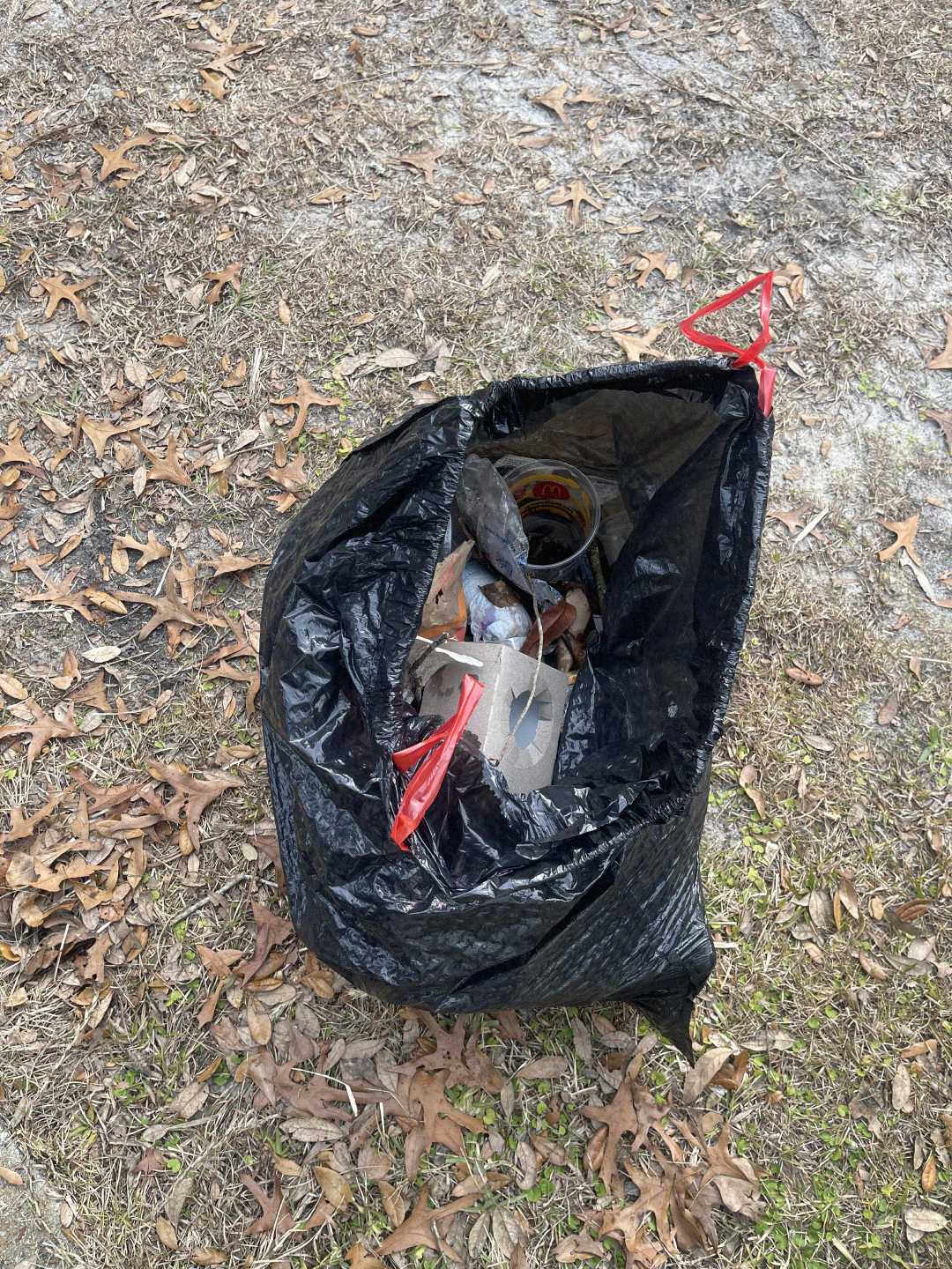 A black trash bag filled with various pieces of litter and debris sits on the ground outdoors, surrounded by dry grass and scattered brown leaves.
