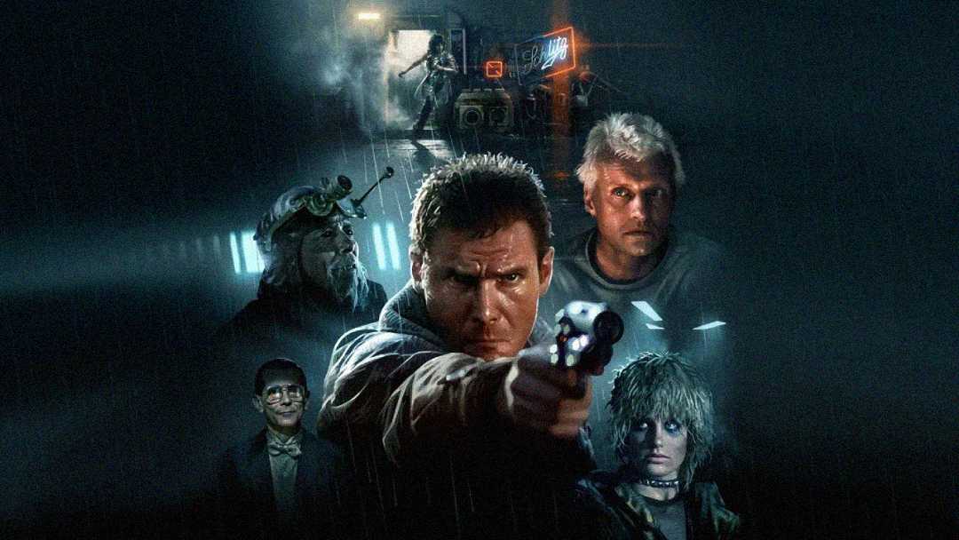 A man in the foreground points a gun while four other serious-looking people stand behind him in a dark, rainy, futuristic city with neon lights and a distant vehicle.