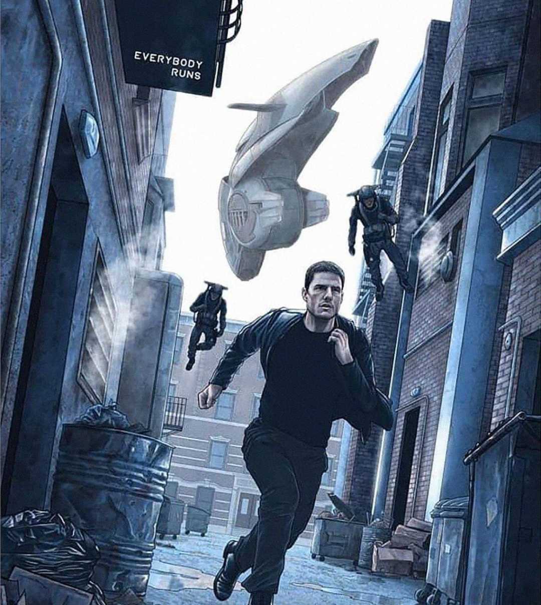 A man runs down an alleyway with a panicked expression, while two armored figures and a futuristic flying drone pursue him. A sign above reads “EVERYBODY RUNS.” The scene appears tense and action-packed.