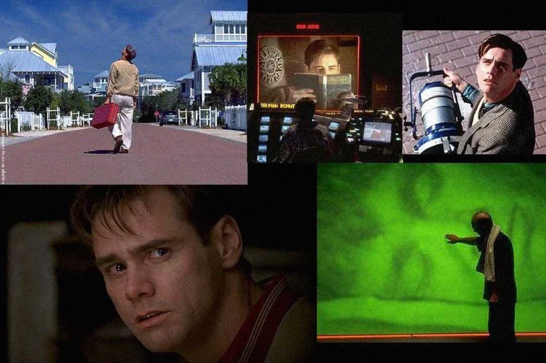 A collage of scenes from "The Truman Show" featuring Jim Carrey as Truman Burbank, including him walking with a suitcase, reacting in shock, operating a spotlight, looking emotional, and standing in front of a green wall.