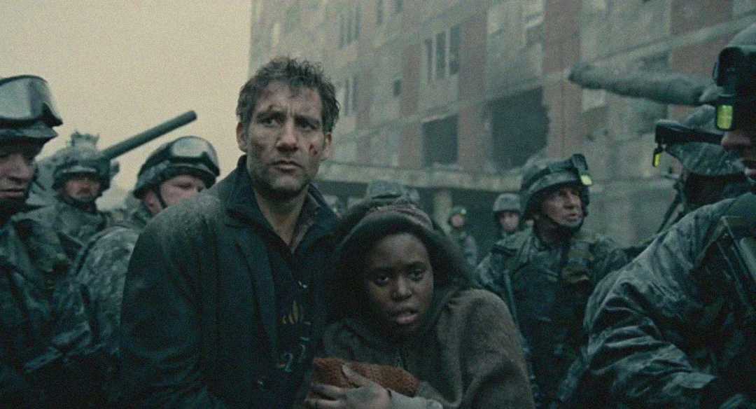 A concerned man and a frightened woman clutching a blanket are surrounded by armed soldiers in military gear, set against a backdrop of a damaged, foggy building. The atmosphere is tense and somber.
