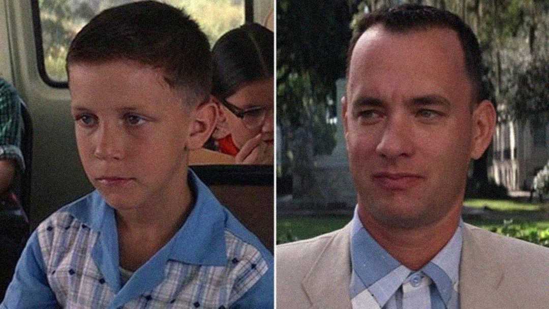 Side-by-side images of a young boy and an adult man, both wearing blue collared shirts. The boy sits on a bus, while the man sits outdoors; both have short brown hair and neutral expressions.