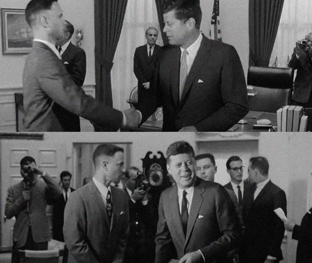 Two black-and-white photos: In the first, two men in suits shake hands in an office with others in the background. In the second, one man faces the camera, surrounded by several people in suits.