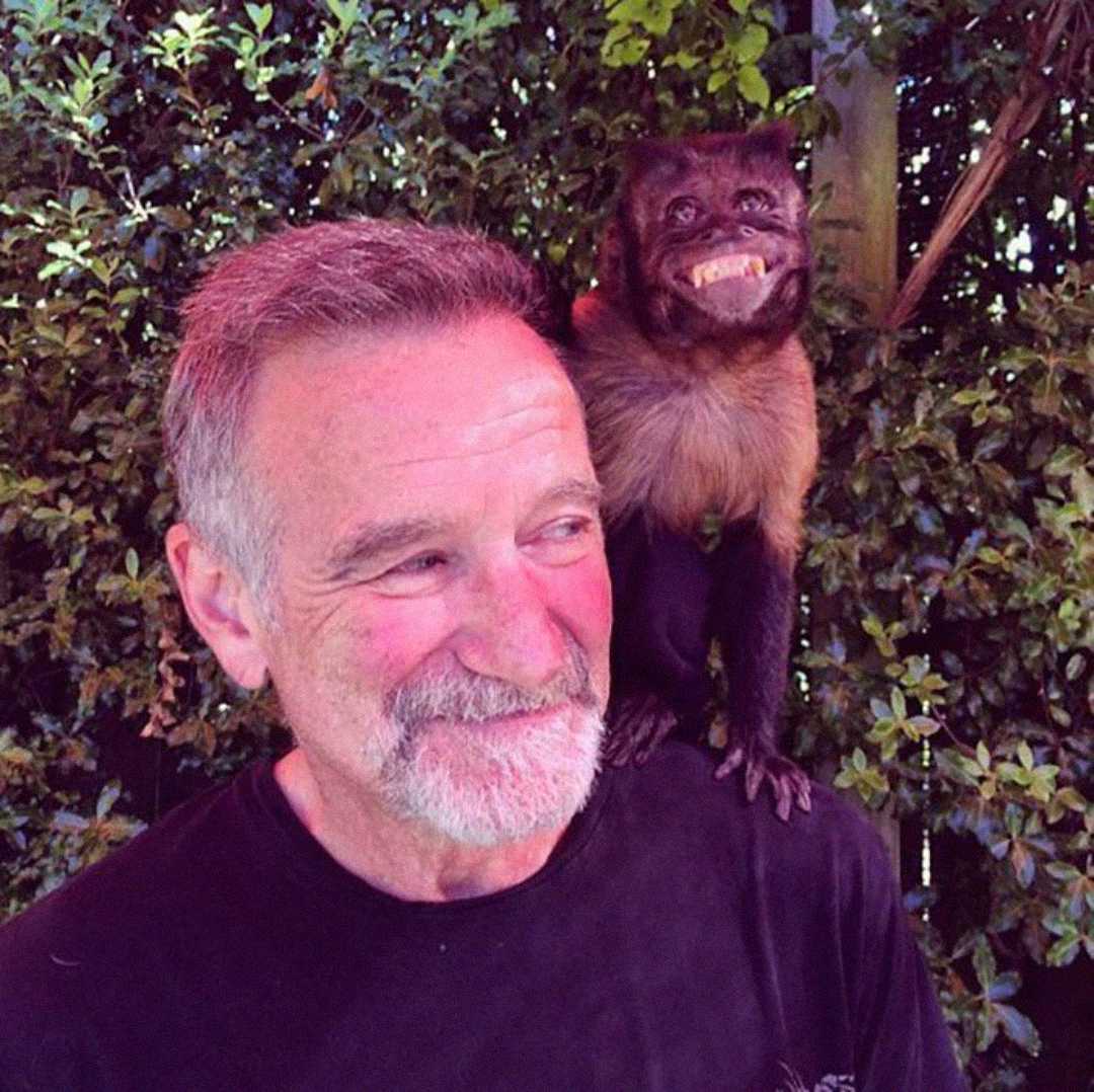 A smiling man with gray hair and a beard stands outdoors with a grinning monkey perched on his shoulder, surrounded by green foliage.