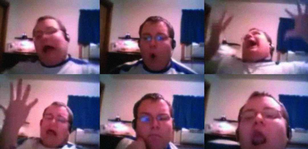 A six-panel collage shows a man with glasses and headphones making a series of exaggerated facial expressions, from surprise to excitement, in a room with blue curtains and a bed in the background.