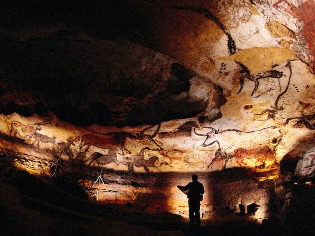 A person stands inside a dimly lit cave, observing ancient cave paintings of animals, including horses, bison, and deer, depicted in earthy tones on a curved rock wall.