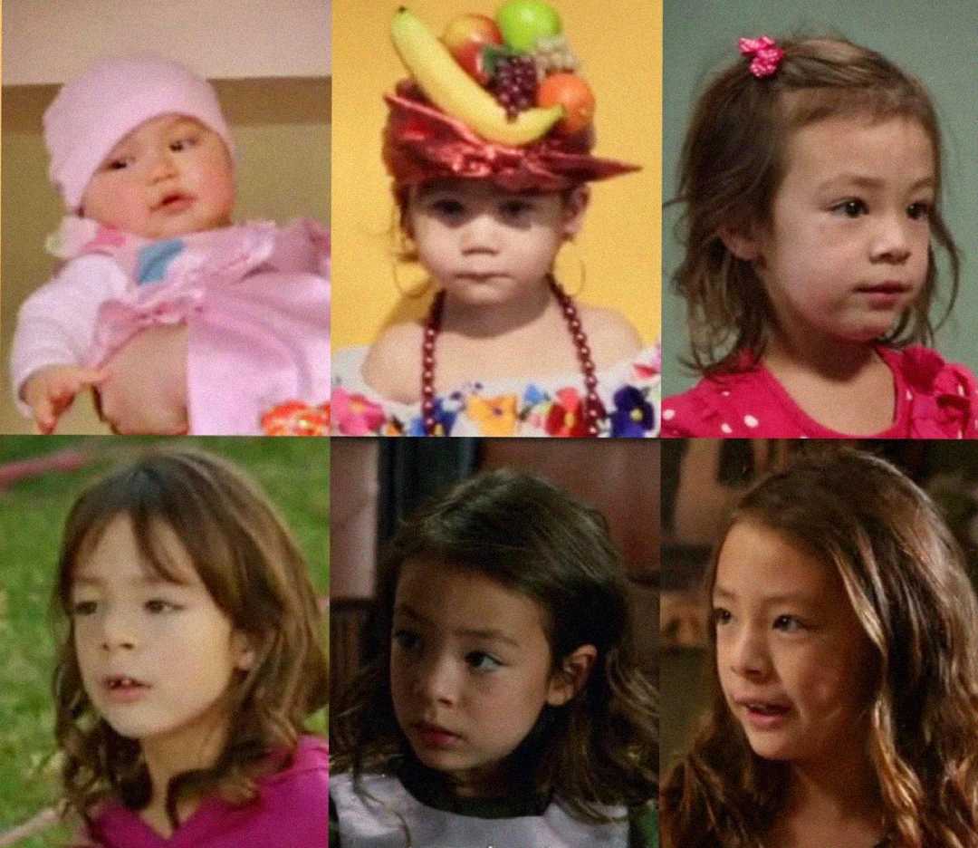 A collage of six photos shows a young girl growing up, from a baby in a pink hat to a toddler in a fruit hat, and then to a child with long brown hair in various outfits and settings.
