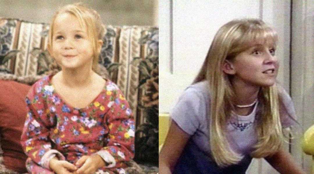 Side-by-side photos of a young girl with blonde hair: on the left, she is a child in a floral dress sitting on a couch; on the right, she is older with longer hair, wearing a light shirt and necklace, leaning forward indoors.