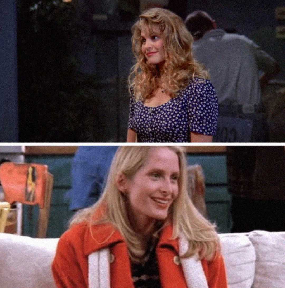 A split-screen image shows two women: the top one with curly blonde hair, wearing a blue patterned dress, standing indoors; the bottom one with straight blonde hair, wearing a red coat, sitting on a couch and smiling.