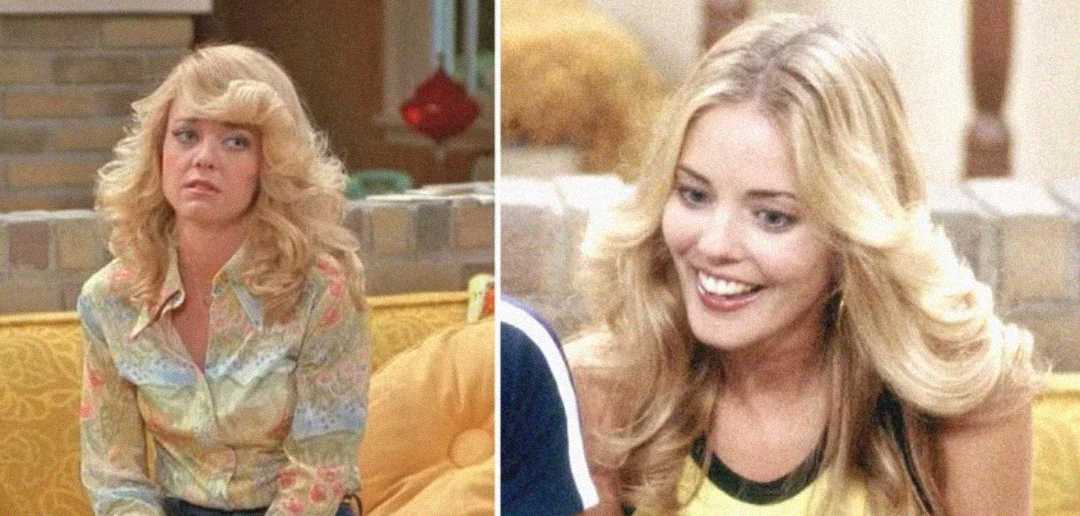Split image: On the left, a woman with long blonde wavy hair, wearing a floral shirt, looks upset while sitting on a yellow sofa. On the right, the same woman is smiling and appears happy.