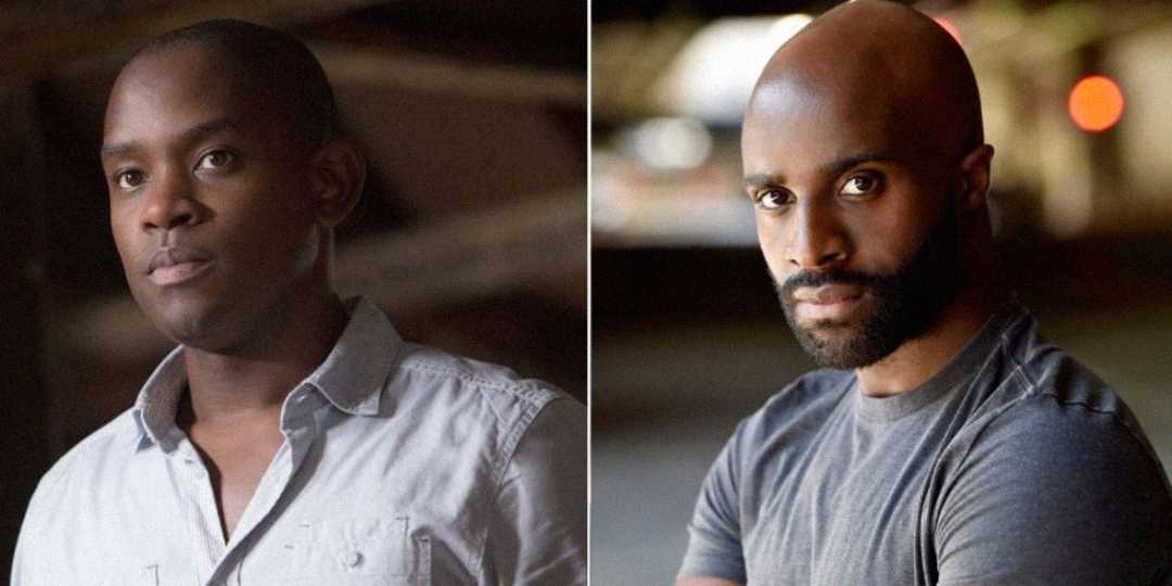 Side-by-side portraits of two men with neutral expressions. The man on the left wears a light button-up shirt; the man on the right wears a gray t-shirt and has a beard. Both are in softly lit indoor settings.