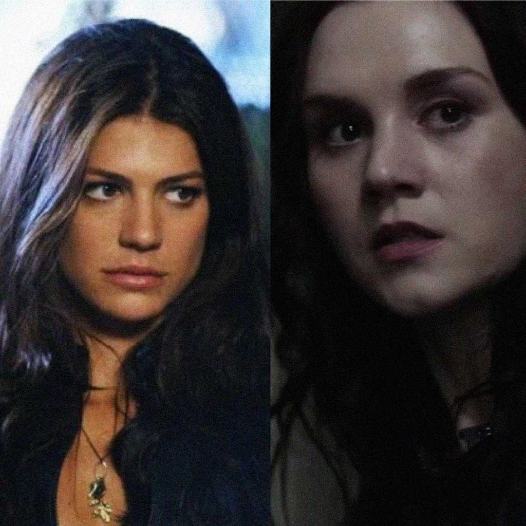 Side-by-side images of two women with long dark hair; the left woman looks off to the side with a serious expression, while the right woman gazes forward with a pale, somber look.