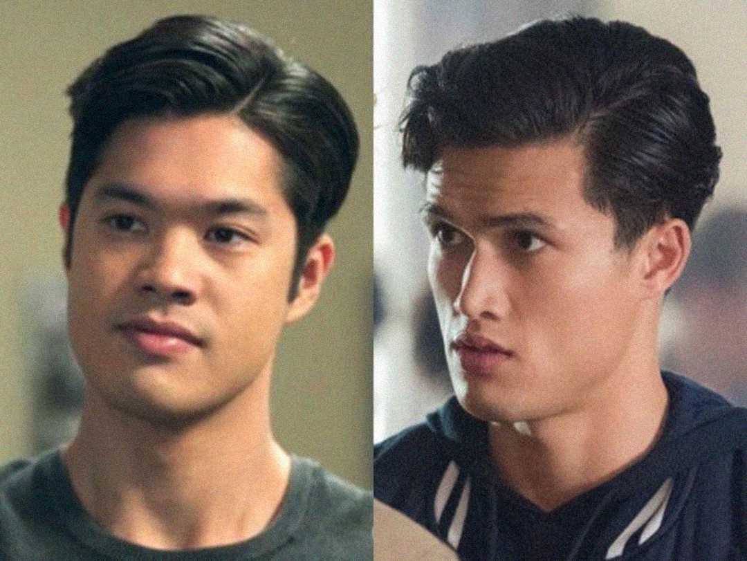 Side-by-side photos of two young men with dark, slicked-back hair, similar facial features, and wearing casual clothing. The left person has a slight smile, while the right person looks serious.