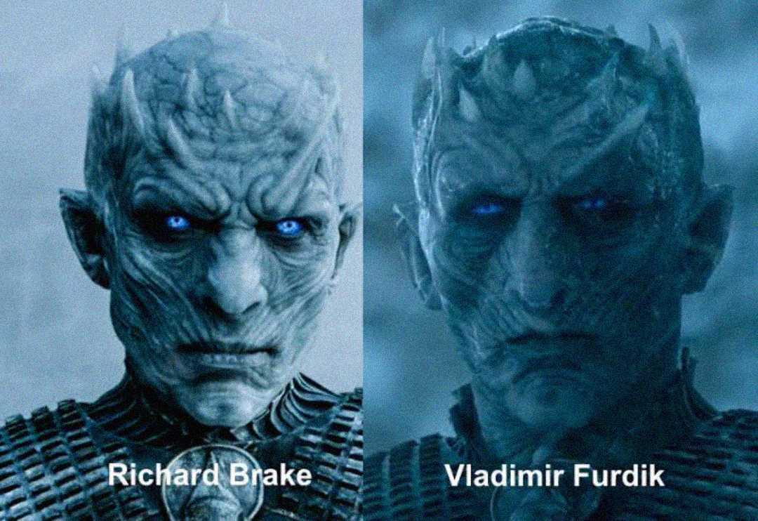 Side-by-side images of the Night King character from Game of Thrones, showing two different portrayals: left labeled "Richard Brake," right labeled "Vladimir Furdik," both with pale blue skin and glowing blue eyes.