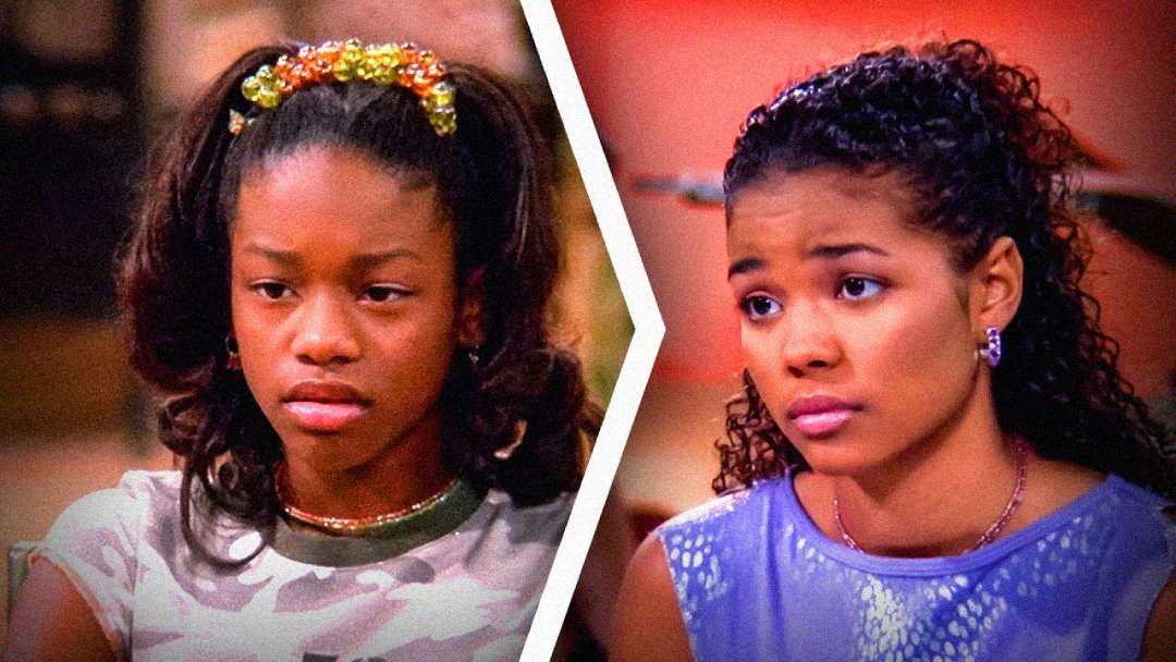Split image showing two young women with curly hair, both looking serious. The woman on the left wears a camo shirt and beaded hair ties, while the woman on the right wears a lavender top and earrings.