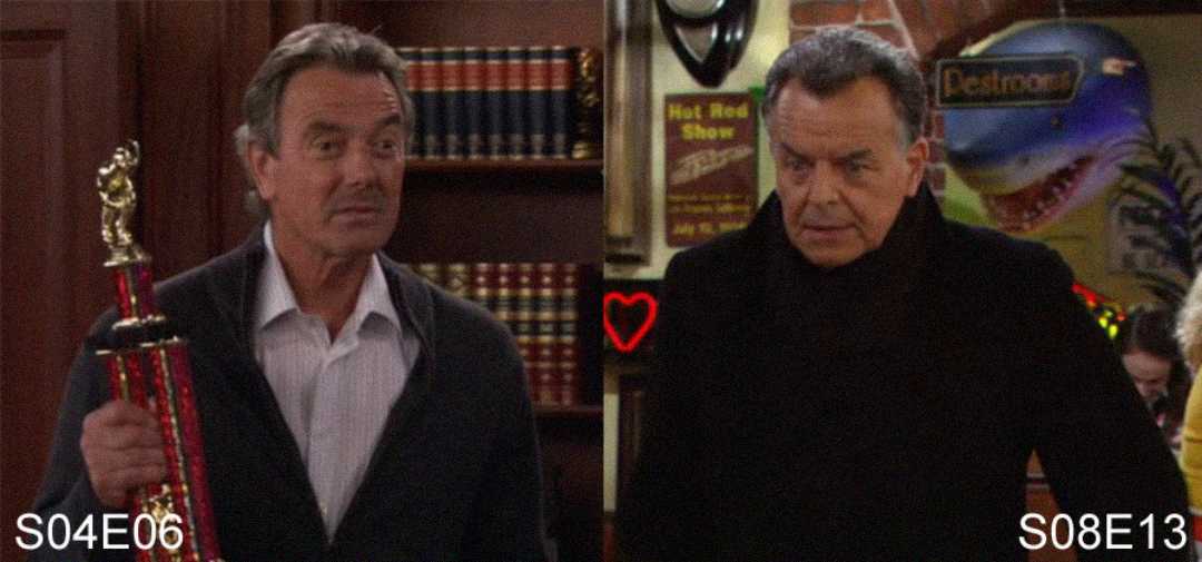 Split-screen image: On the left, an older man holds a trophy and talks in a room with shelves of books (S04E06). On the right, he wears a dark coat in a bar with neon signs and a shark decoration (S08E13).