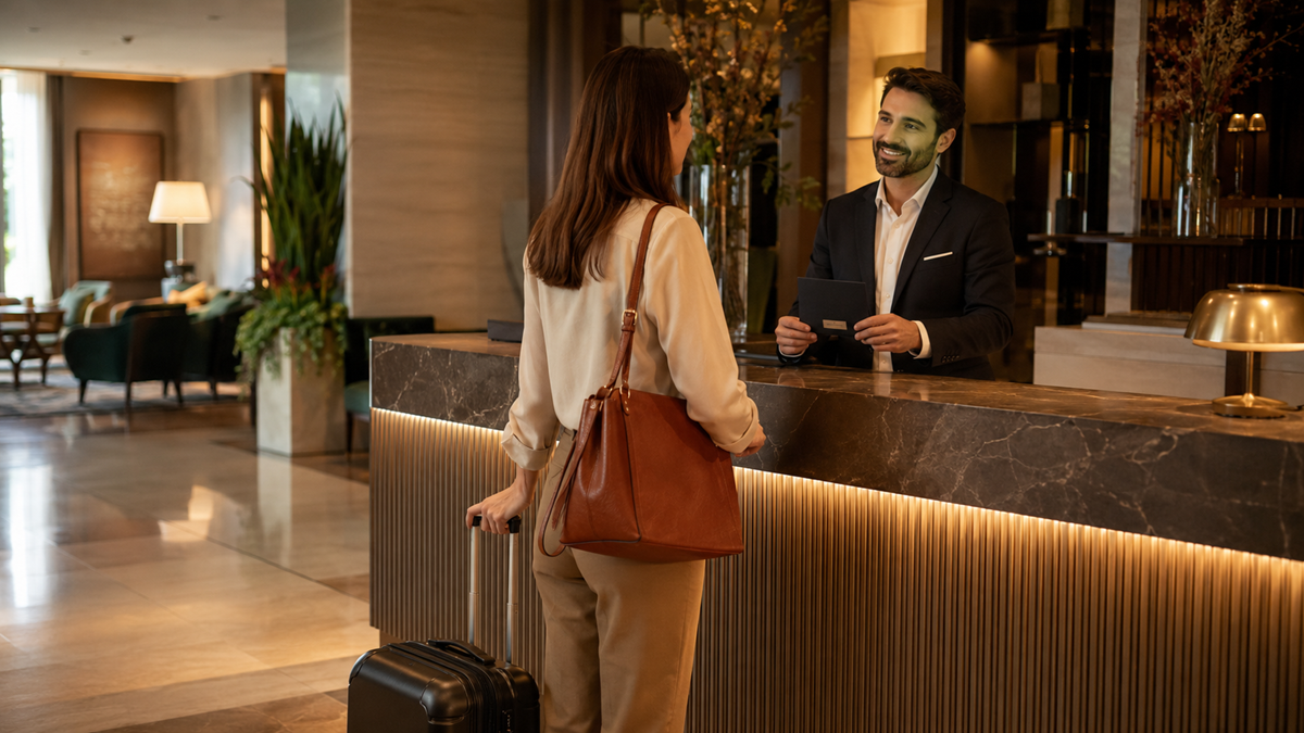 A woman with a suitcase checks in at a hotel front desk, talking to a smiling receptionist in a suit holding a tablet.