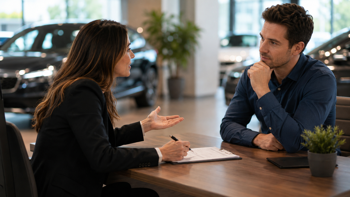 A woman and a man sit across from each other at a desk in a car dealership, discussing paperwork. The woman is gesturing with a pen, while the man listens attentively with his hand on his chin.