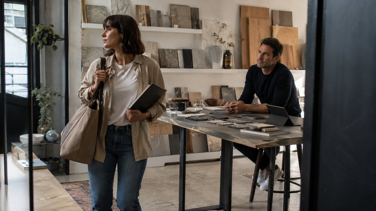 A woman with a tote bag and notebook walks past a man sitting at a table with stone samples in a modern studio, shelves and tiles visible in the background.