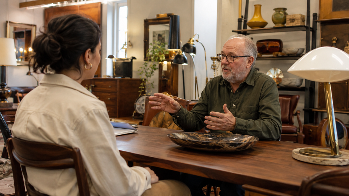 An older man and a younger woman sit across from each other at a wooden desk, engaged in conversation in a room filled with vintage furniture and decor.
