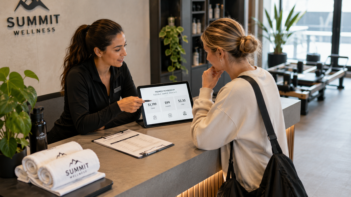 A receptionist shows a membership pricing screen to a woman at a modern wellness center front desk, with towels, water bottles, and plants visible.
