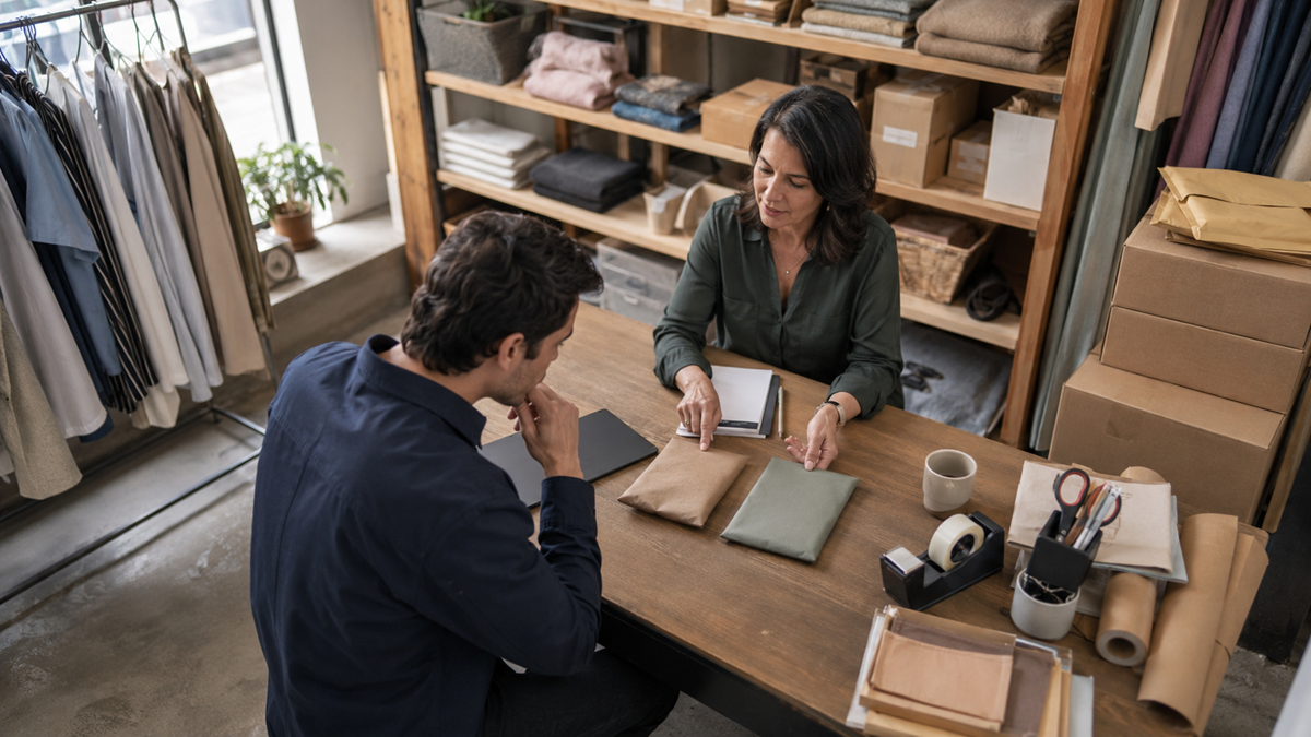 A woman shows fabric samples to a man seated across a wooden table in a shop with shelves of folded textiles, boxes, and hanging clothes in the background.