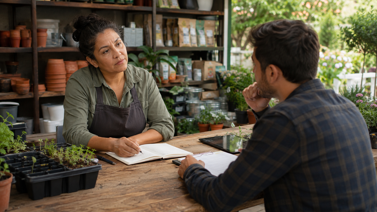 A woman in an apron listens thoughtfully, holding a pen over a notebook, while a man sits across from her at a wooden table in a plant shop. Seedlings and gardening supplies are visible in the background.