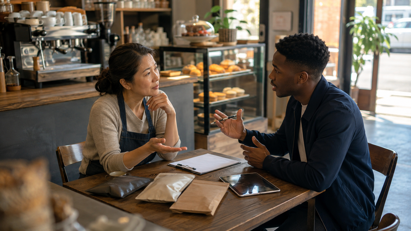 A woman in an apron and a man sit at a café table having a conversation. Papers, coffee bags, and a tablet are on the table. The café counter and display case with pastries are visible in the background.