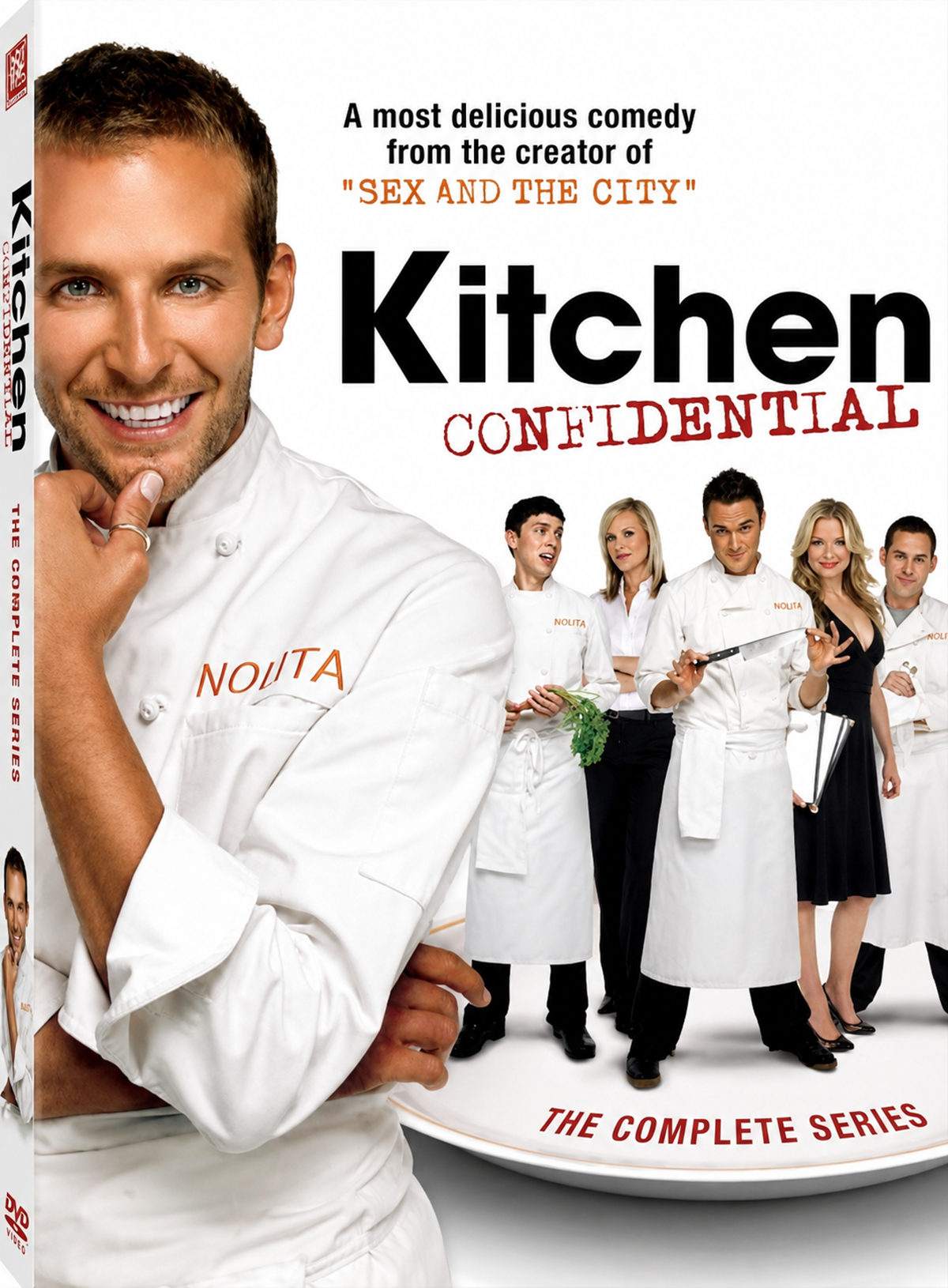 Smiling chef in white coat stands in front of five people dressed in kitchen attire. Text reads "Kitchen Confidential: The Complete Series," with a quote referencing "Sex and the City.